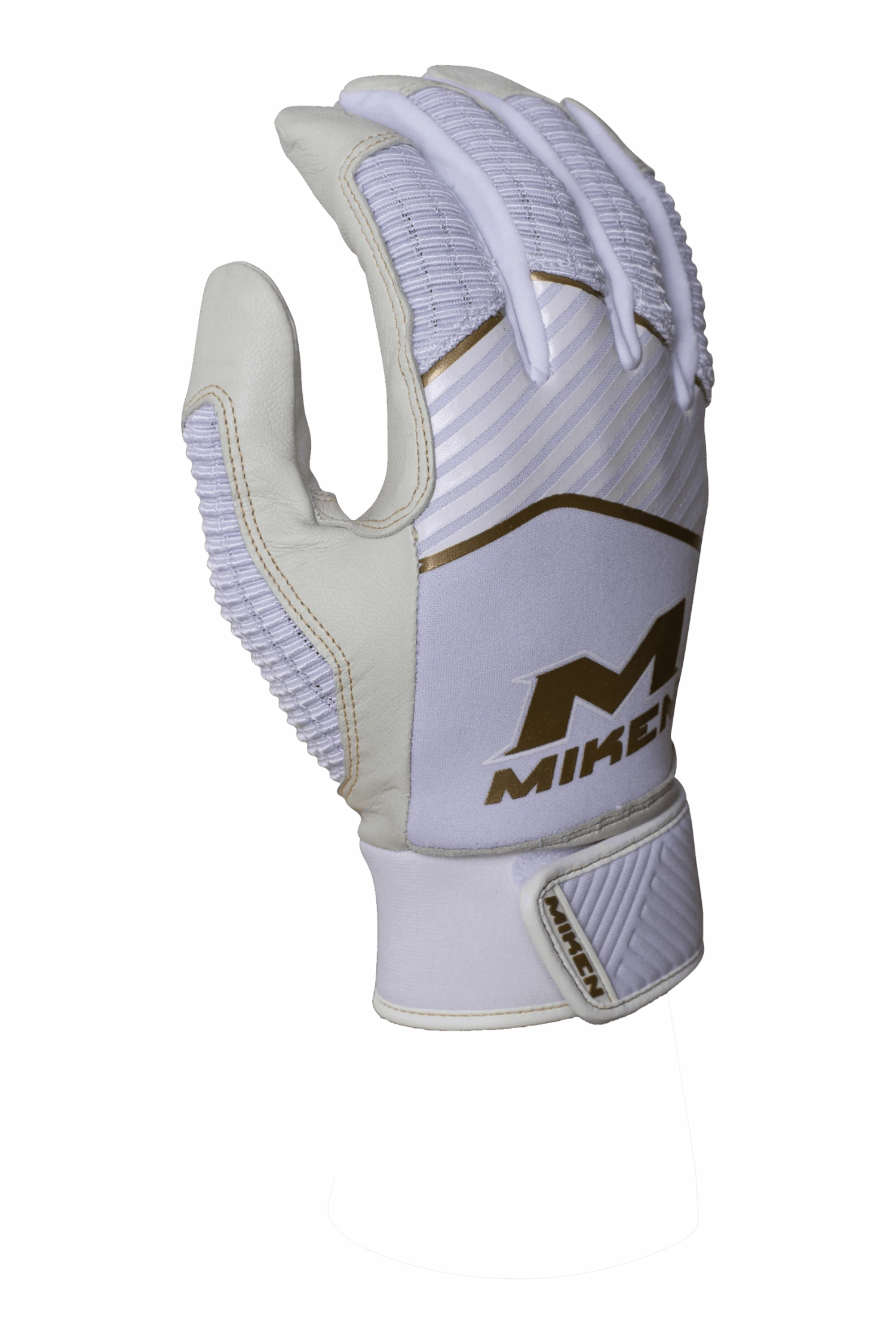 Miken Softball MK7X Adult White And Gold Batting Gloves: MBGGLD-WHT 1 Miken Softball MK7X Adult White And Gold Batting Gloves: MBGGLD-WHT