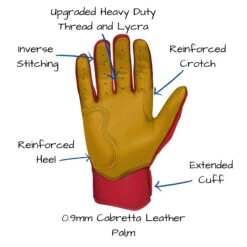 Bruce Bolt PREMIUM PRO Short Cuff Batting Gloves: Red -Bat Forge Store SC REDG PALM CALLOUTS